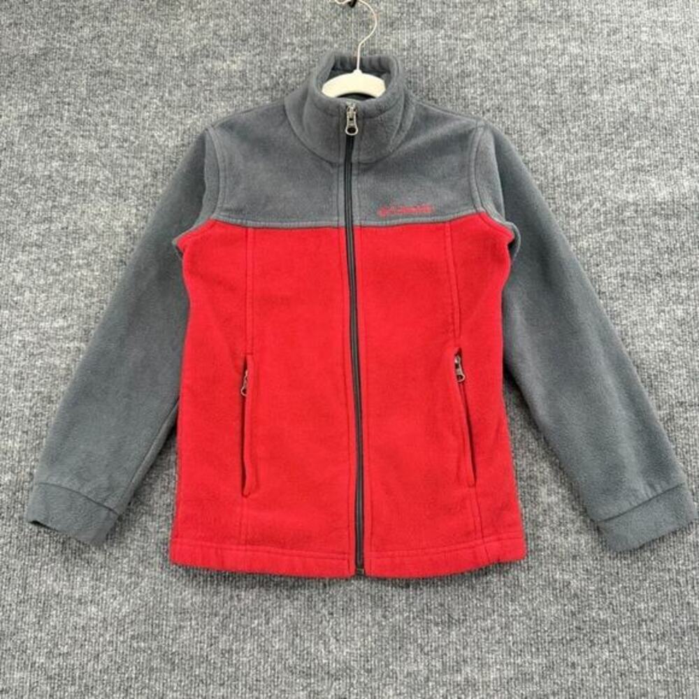 Columbia Boys Fleece Jacket Size 8 Small Gray Red Full Zip Mock Neck Pockets